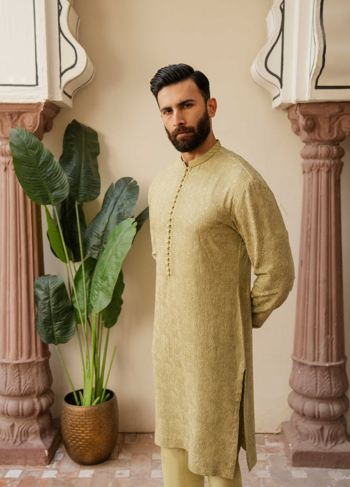 Dildaar by Hamna Ehtasham Mens RTW Embroidered Korean Silk 3 Piece Suit Emir Open Sherwani Festive Collection