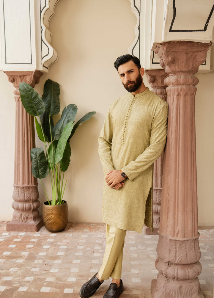 Dildaar by Hamna Ehtasham Mens RTW Embroidered Korean Silk 3 Piece Suit Emir Open Sherwani Festive Collection
