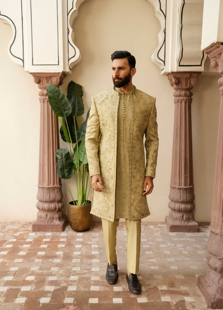 Dildaar by Hamna Ehtasham Mens RTW Embroidered Korean Silk 3 Piece Suit Emir Open Sherwani Festive Collection