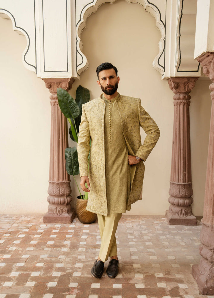 Dildaar by Hamna Ehtasham Mens RTW Embroidered Korean Silk 3 Piece Suit Emir Open Sherwani Festive Collection