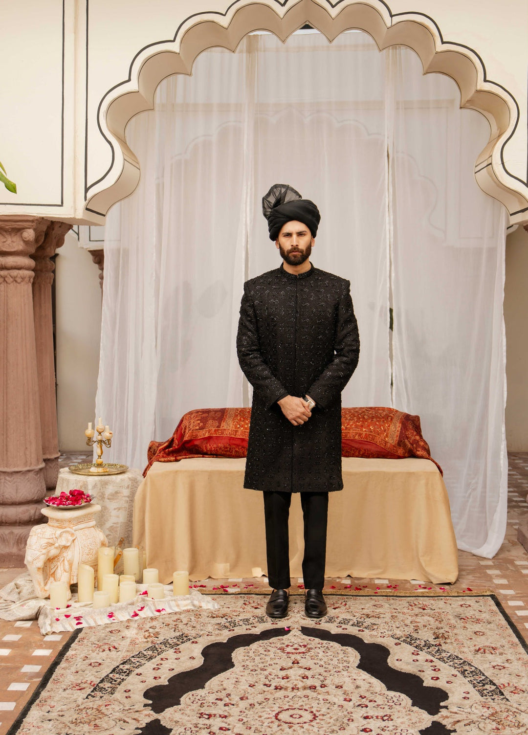 Dildaar by Hamna Ehtasham Mens RTW Embroidered Korean Silk 3 Piece Suit Rayyan Black Sherwani Festive Collection