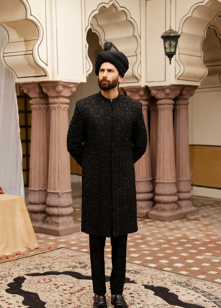 Dildaar by Hamna Ehtasham Mens RTW Embroidered Korean Silk 3 Piece Suit Rayyan Black Sherwani Festive Collection