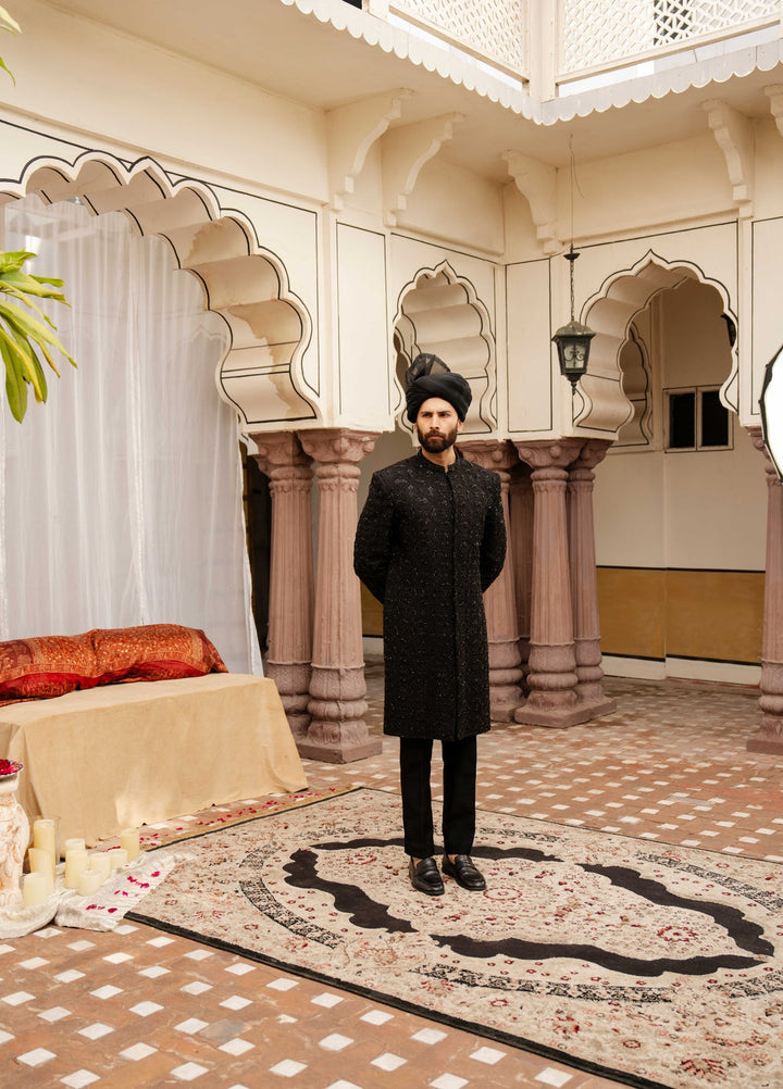 Dildaar by Hamna Ehtasham Mens RTW Embroidered Korean Silk 3 Piece Suit Rayyan Black Sherwani Festive Collection
