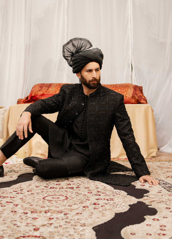 Dildaar by Hamna Ehtasham Mens RTW Embroidered Korean Silk 3 Piece Suit Rayyan Black Sherwani Festive Collection