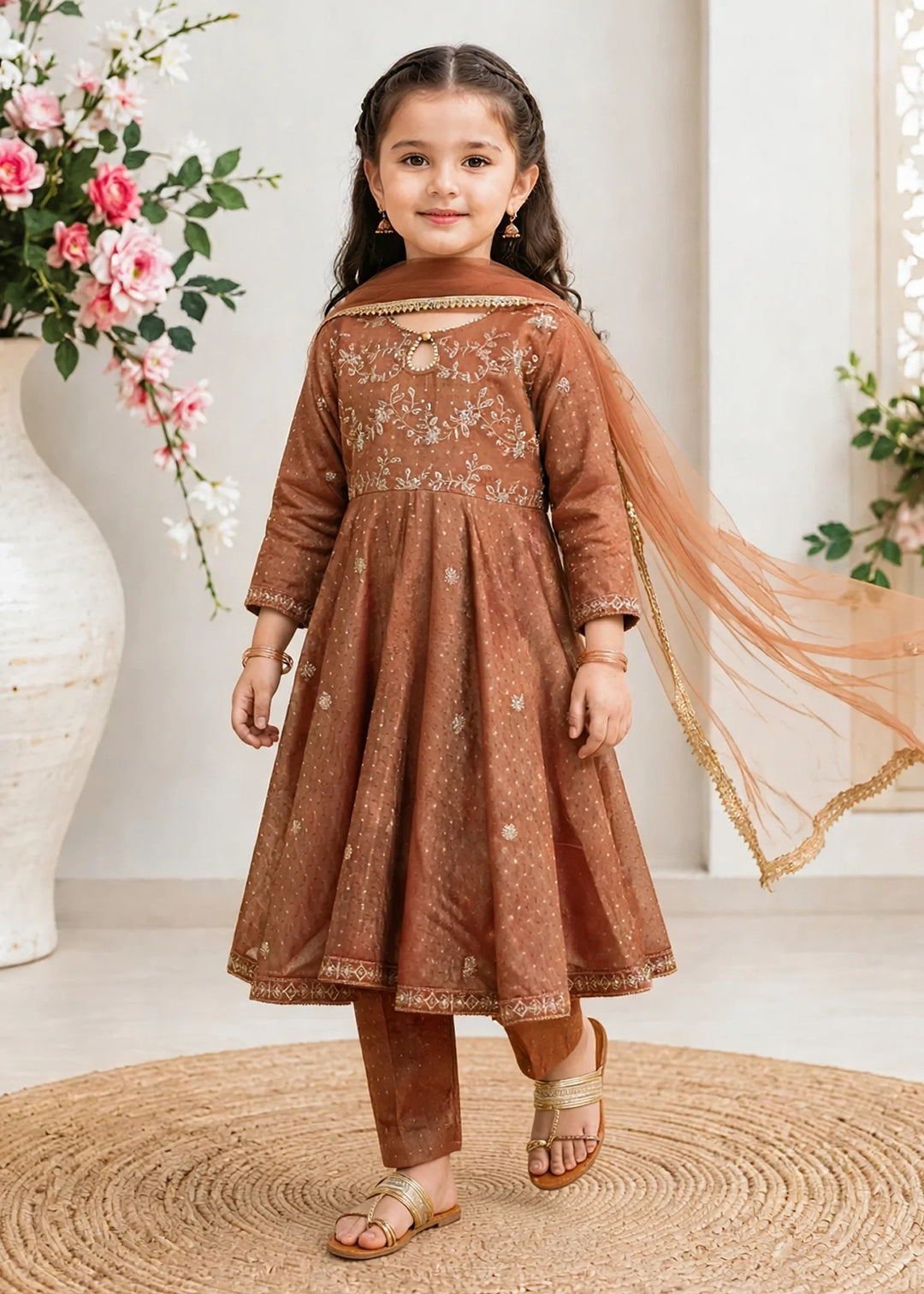 Modest Girls RTW Embroidered Lawn Cotton 3 Piece Suit Frock 11275-BRN Festive Collection