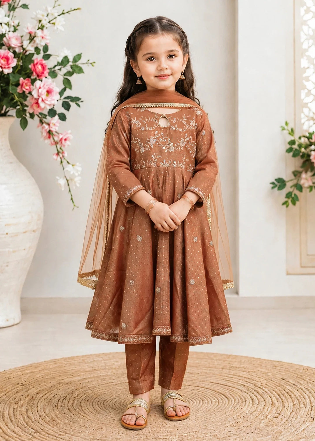 Modest Girls RTW Embroidered Lawn Cotton 3 Piece Suit Frock 11275-BRN Festive Collection