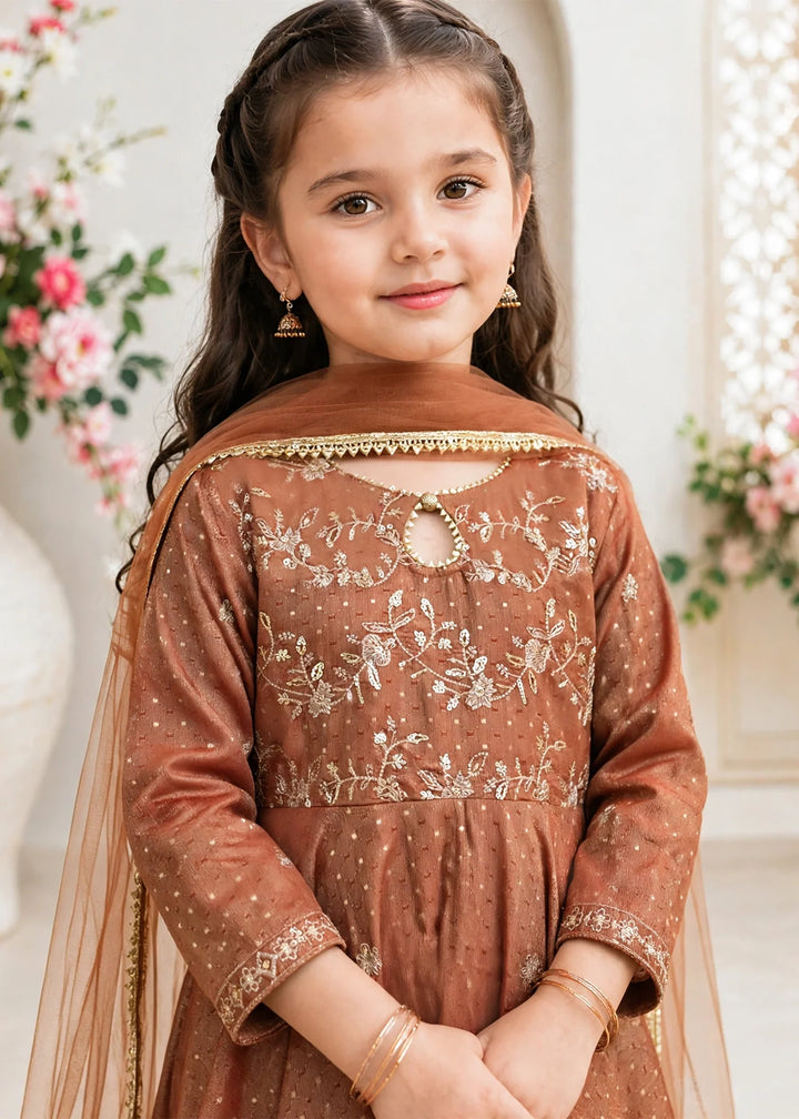 Modest Girls RTW Embroidered Lawn Cotton 3 Piece Suit Frock 11275-BRN Festive Collection
