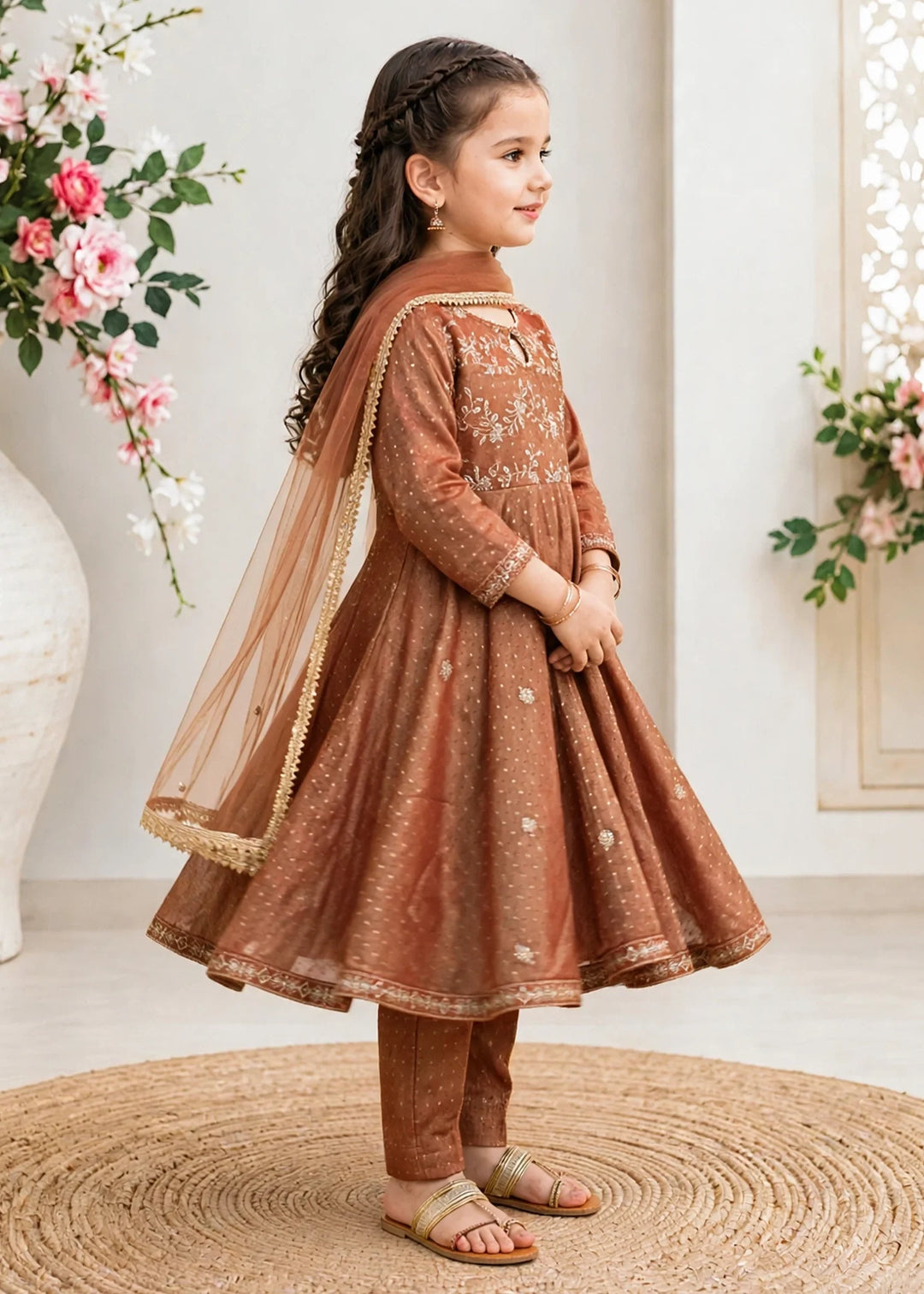 Modest Girls RTW Embroidered Lawn Cotton 3 Piece Suit Frock 11275-BRN Festive Collection
