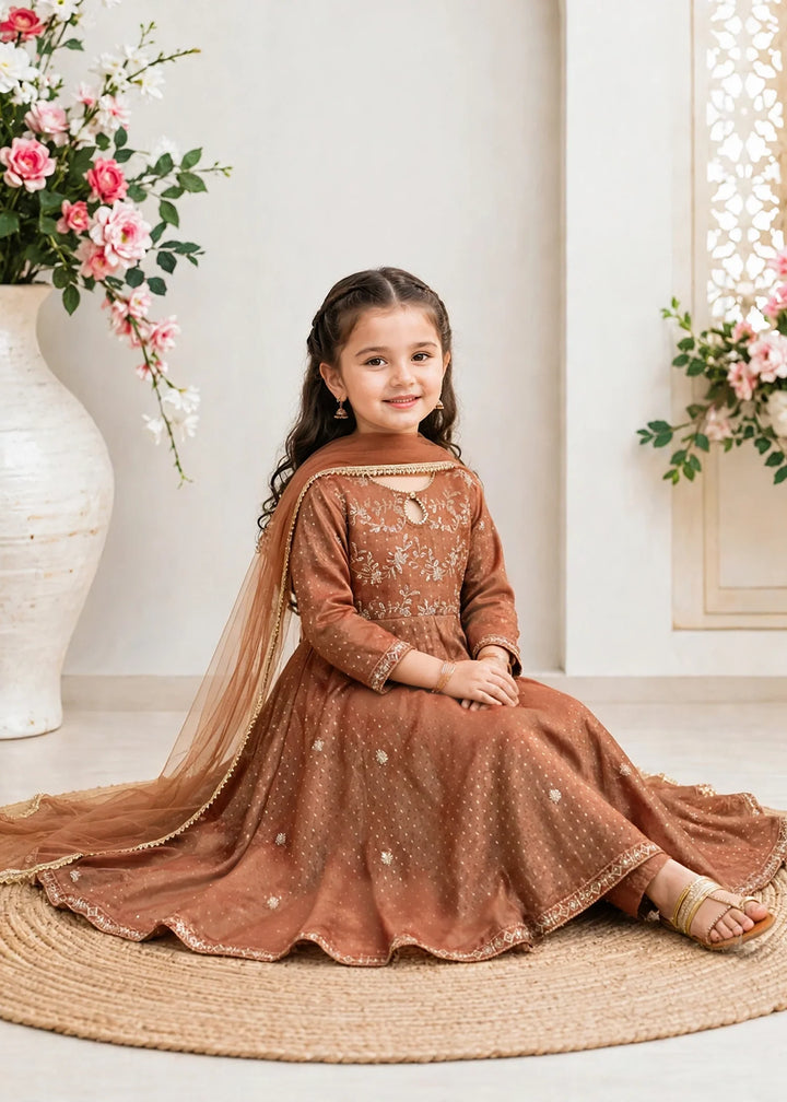 Modest Girls RTW Embroidered Lawn Cotton 3 Piece Suit Frock 11275-BRN Festive Collection