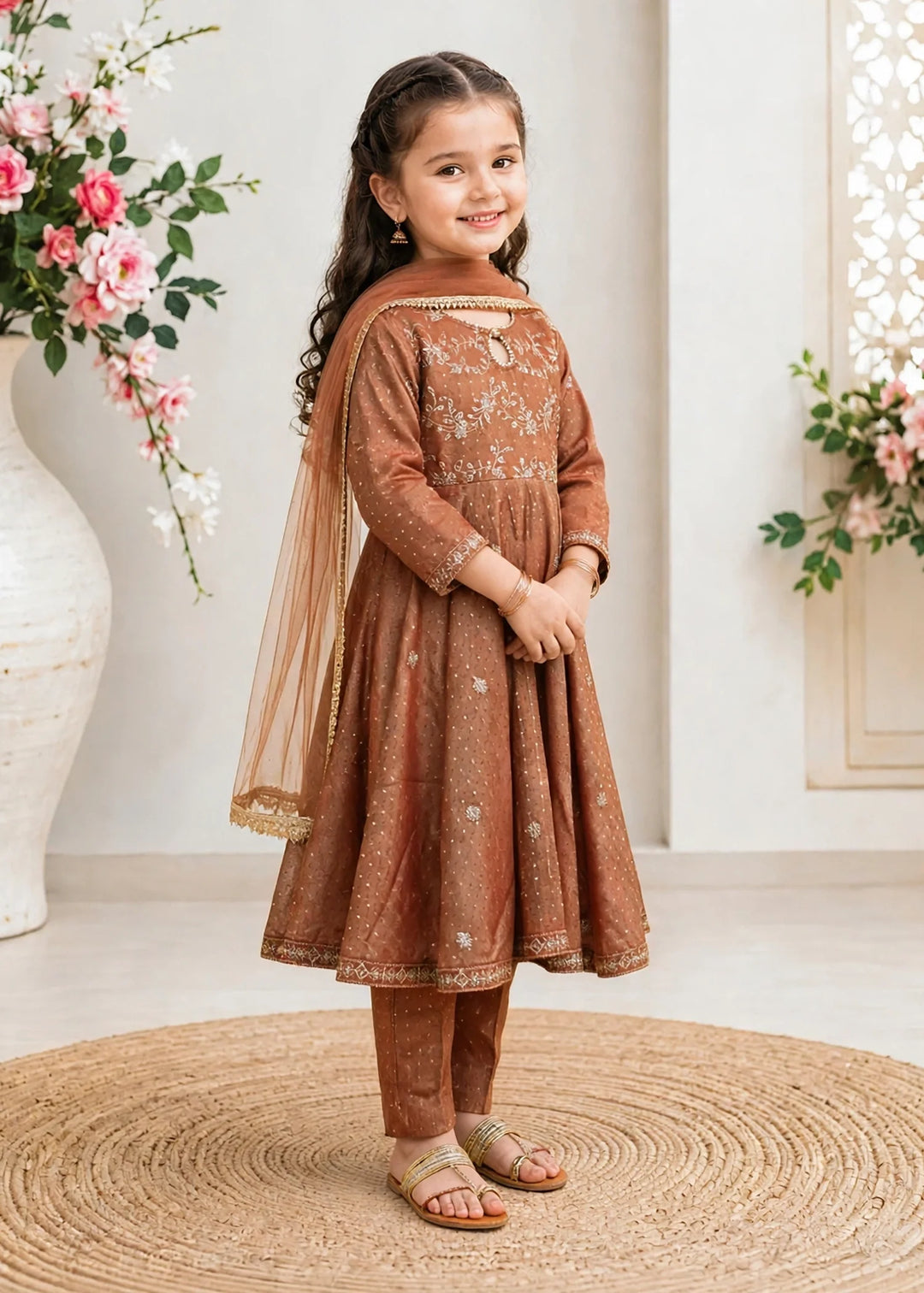 Modest Girls RTW Embroidered Lawn Cotton 3 Piece Suit Frock 11275-BRN Festive Collection