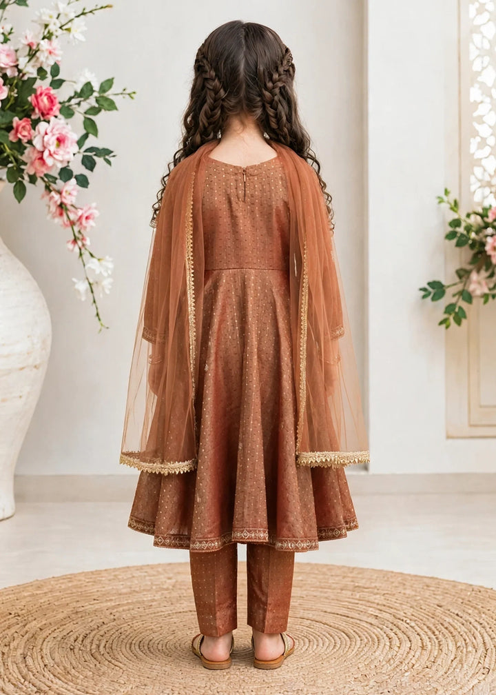 Modest Girls RTW Embroidered Lawn Cotton 3 Piece Suit Frock 11275-BRN Festive Collection