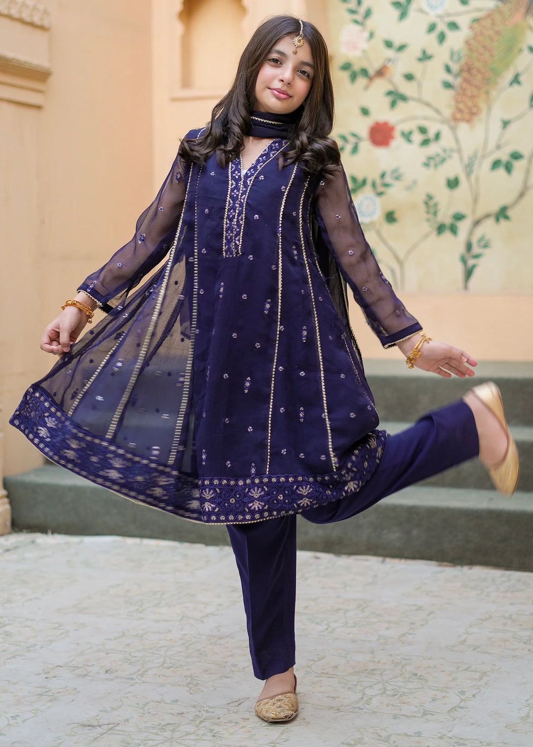 Modest Girls RTW Embroidered Crinkle 3 Piece Suit Blue 11115-BLU Festive Collection