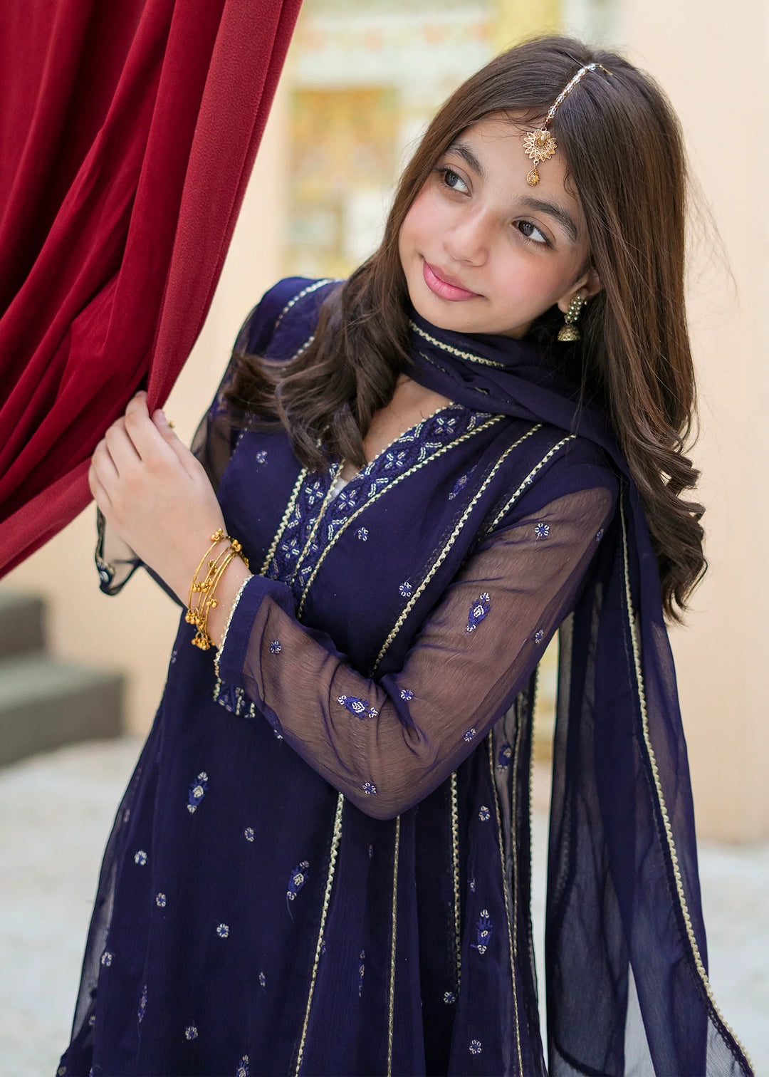 Modest Girls RTW Embroidered Crinkle 3 Piece Suit Blue 11115-BLU Festive Collection