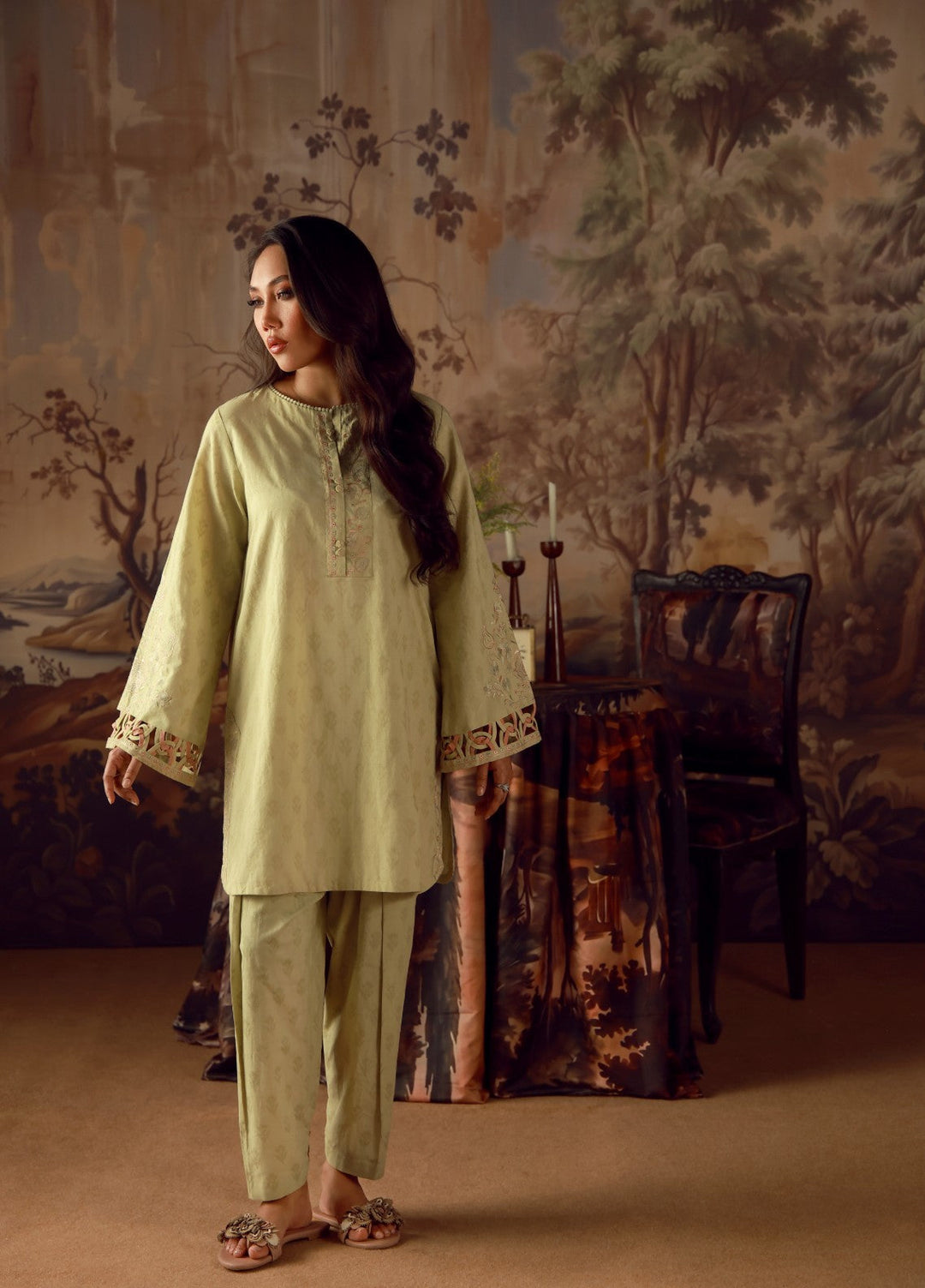 Sahar Women RTW Embroidered Jacquard 2 Piece Suit Jade Casual Collection