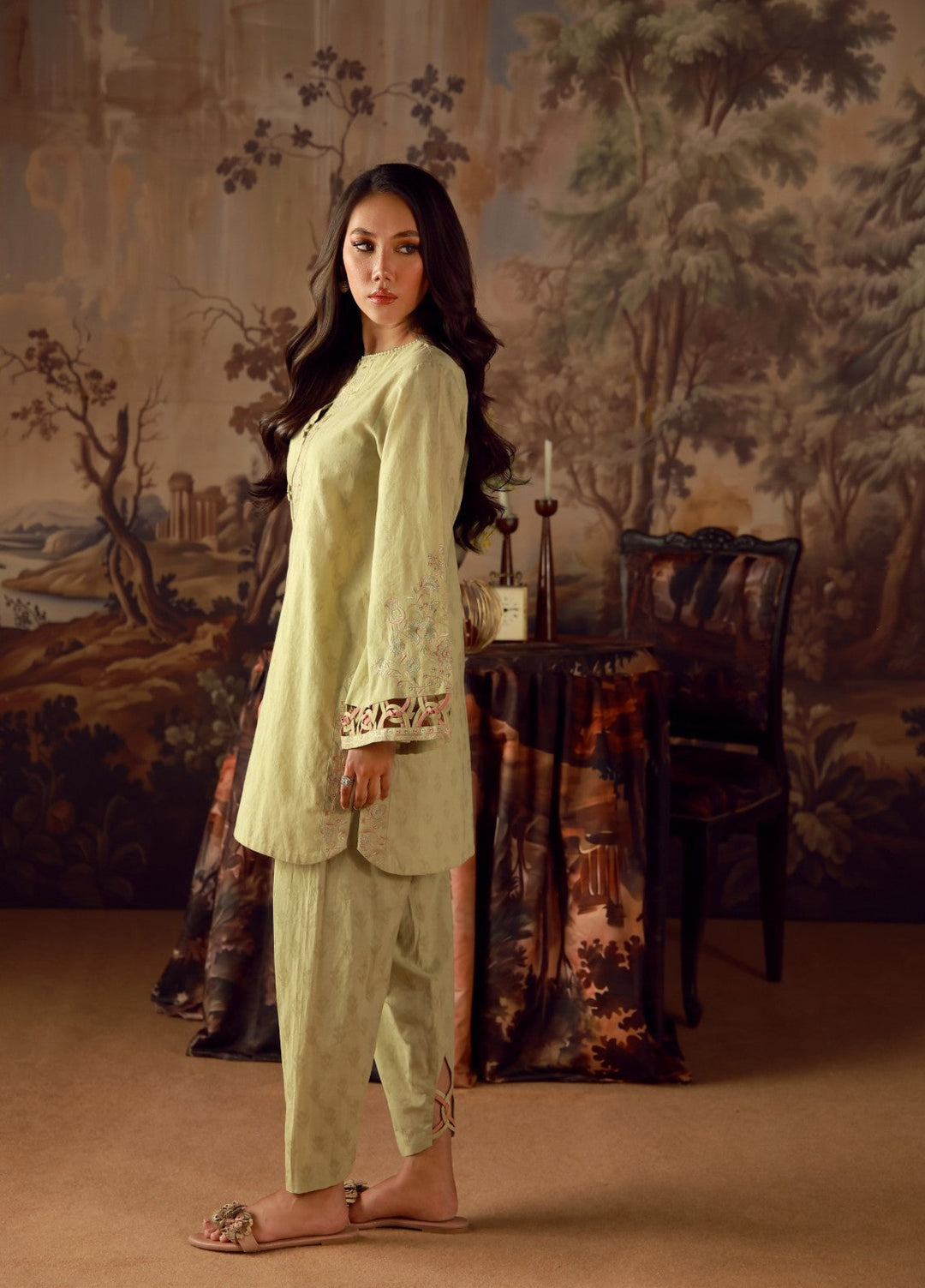 Sahar Women RTW Embroidered Jacquard 2 Piece Suit Jade Casual Collection