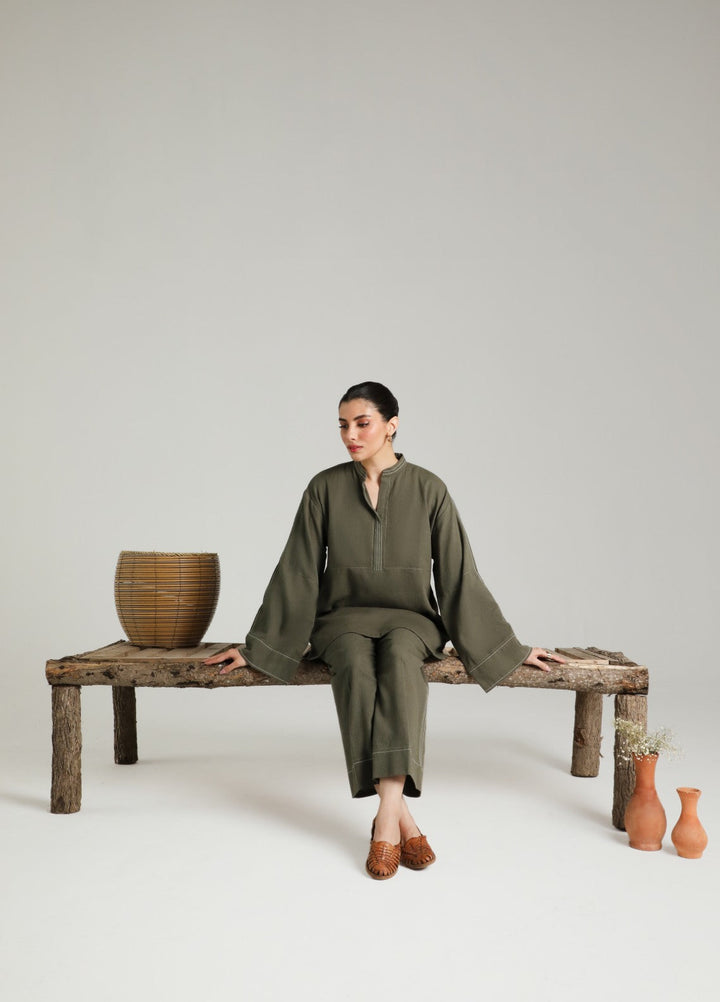 Sahar Women RTW Embroidered Cotton 2 Piece Suit Olive draft Casual Collection