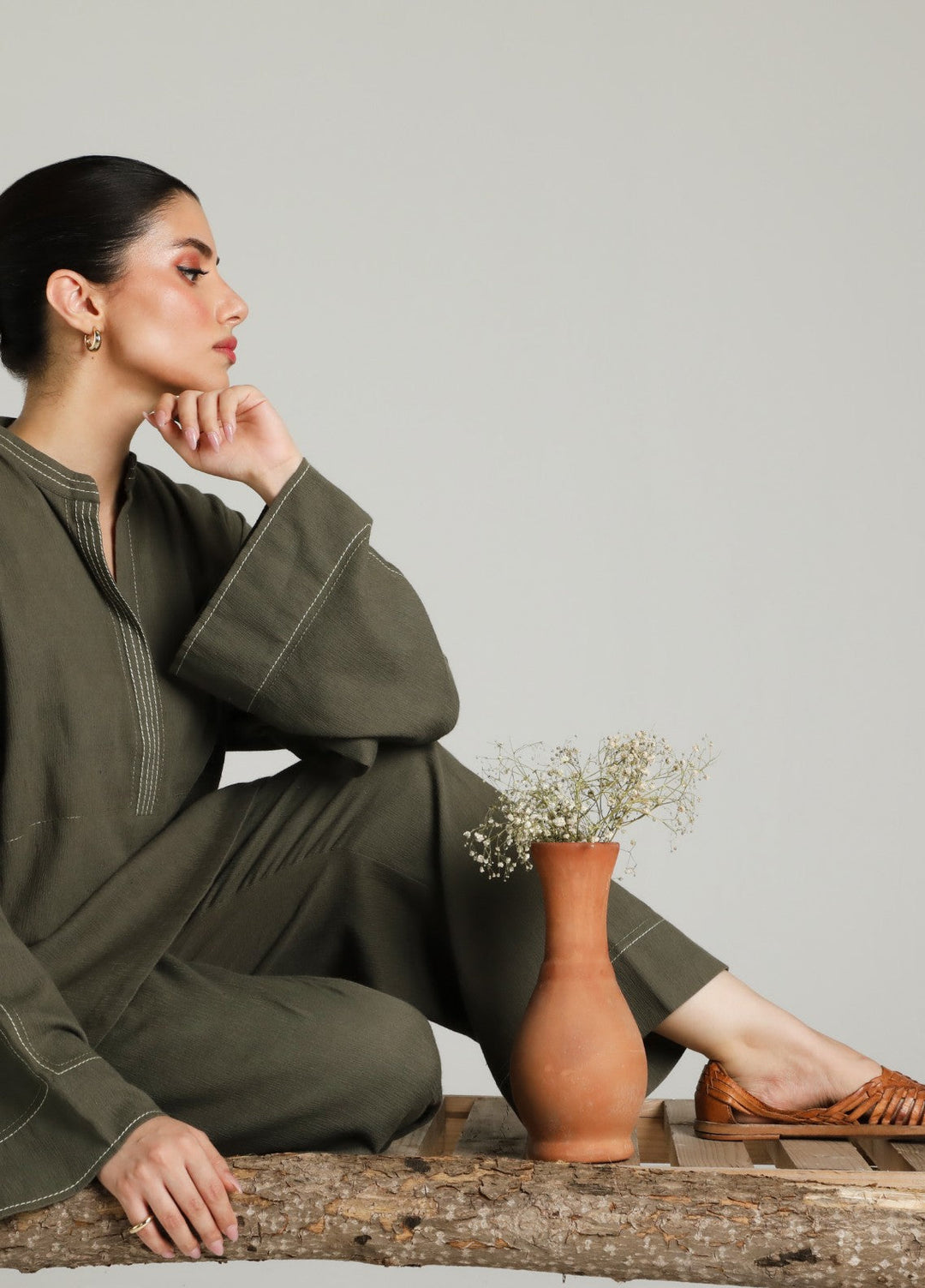 Sahar Women RTW Embroidered Cotton 2 Piece Suit Olive draft Casual Collection