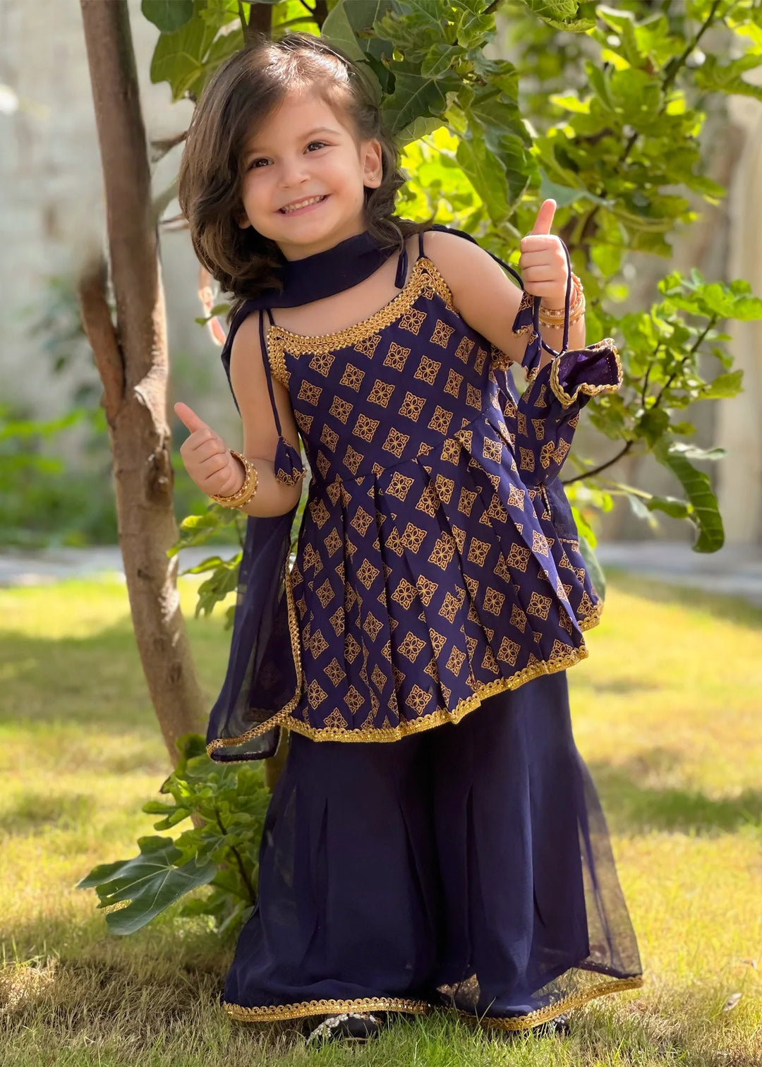 Modest Girls RTW Printed Raw Silk 3 Piece Suit Blue Festive Collection