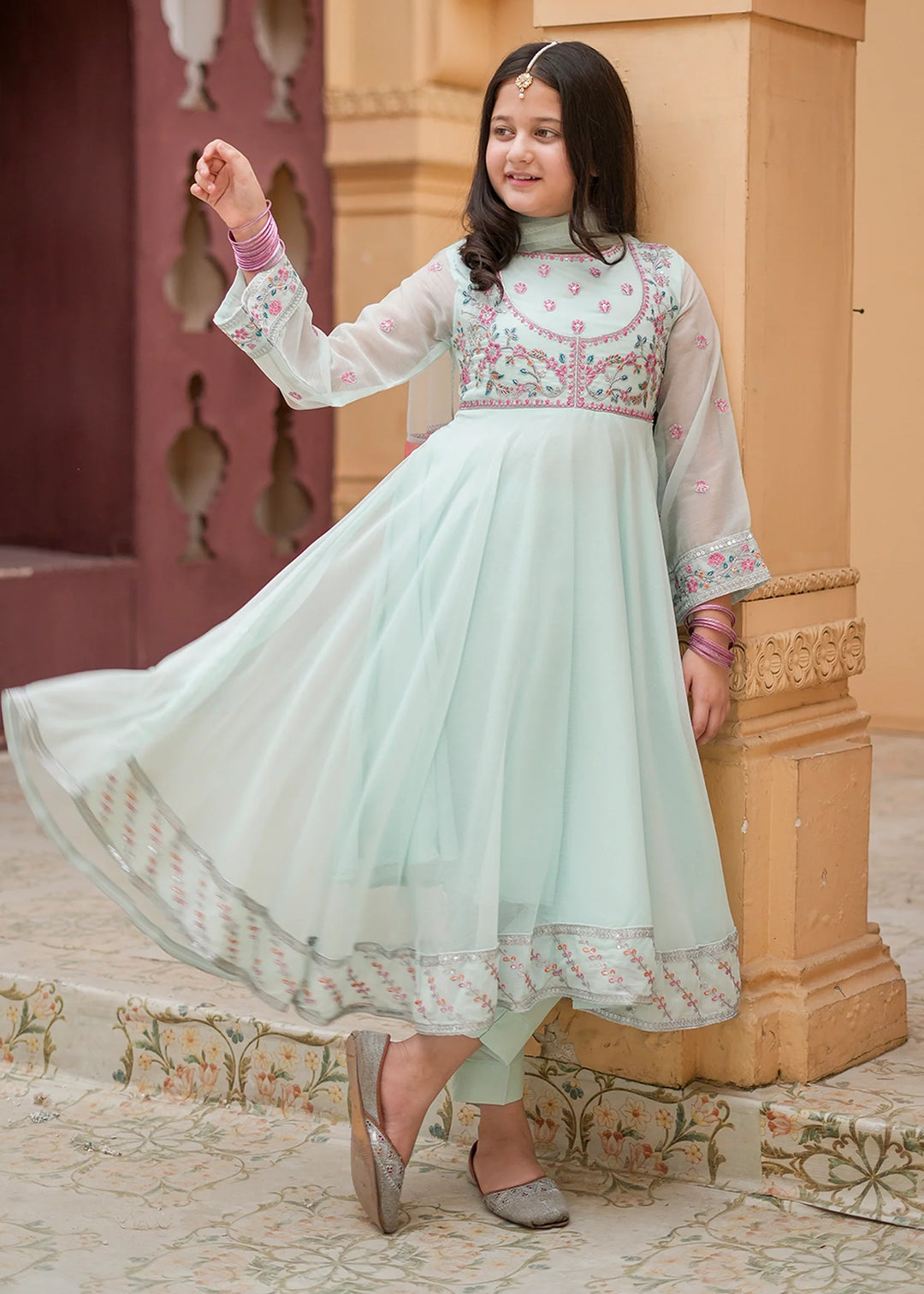 Modest Girls RTW Embroidered Crinkle 3 Piece Suit C-Blue Festive Collection