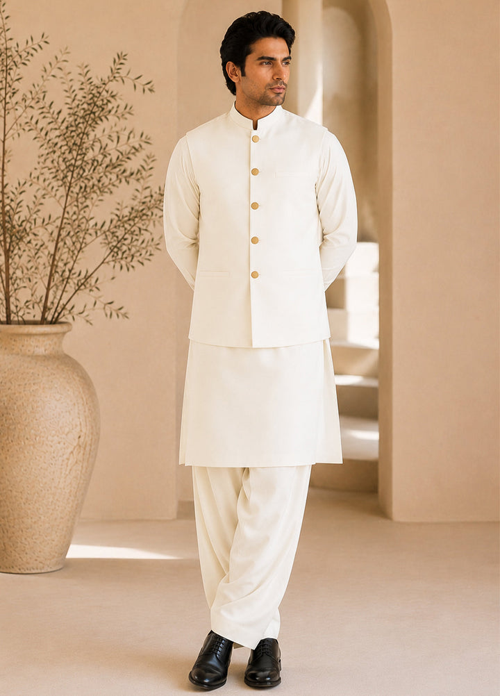 Off White Kurta Shalwar with Waistcoat