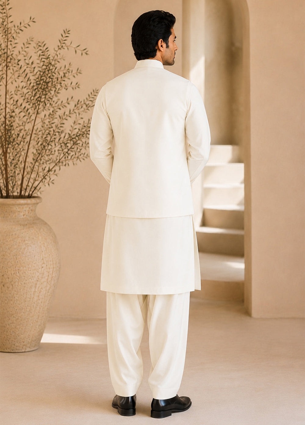 Off White Kurta Shalwar with Waistcoat