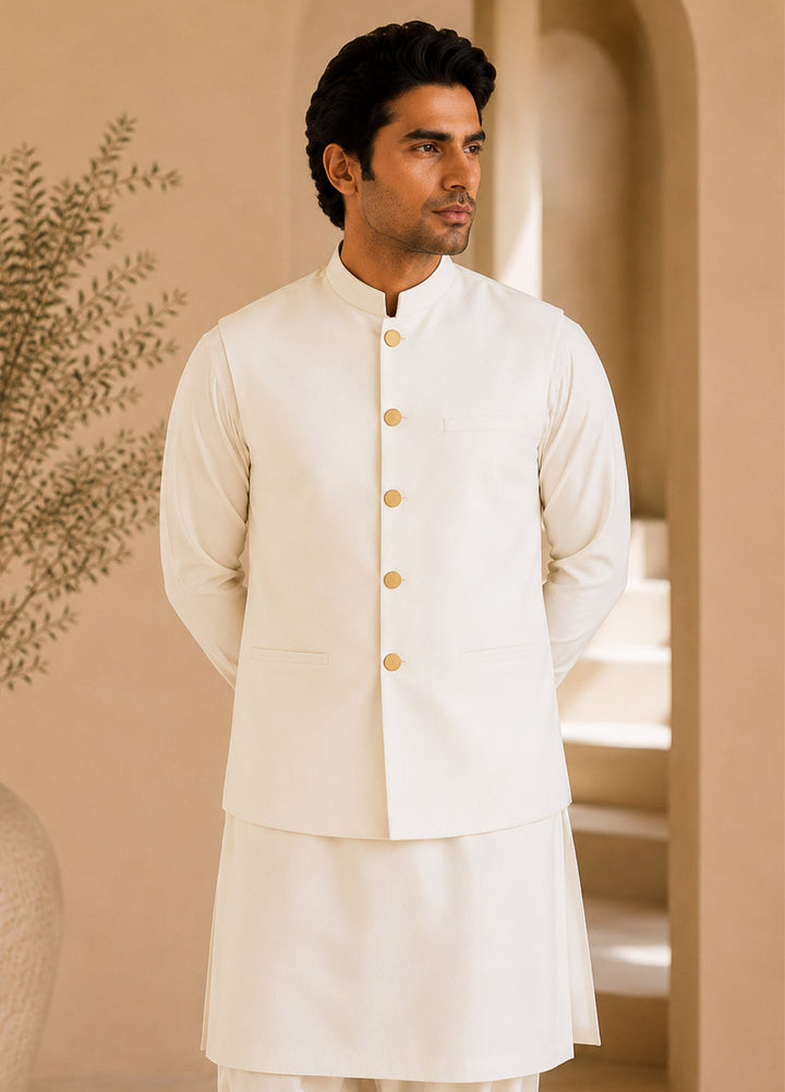Off White Kurta Shalwar with Waistcoat