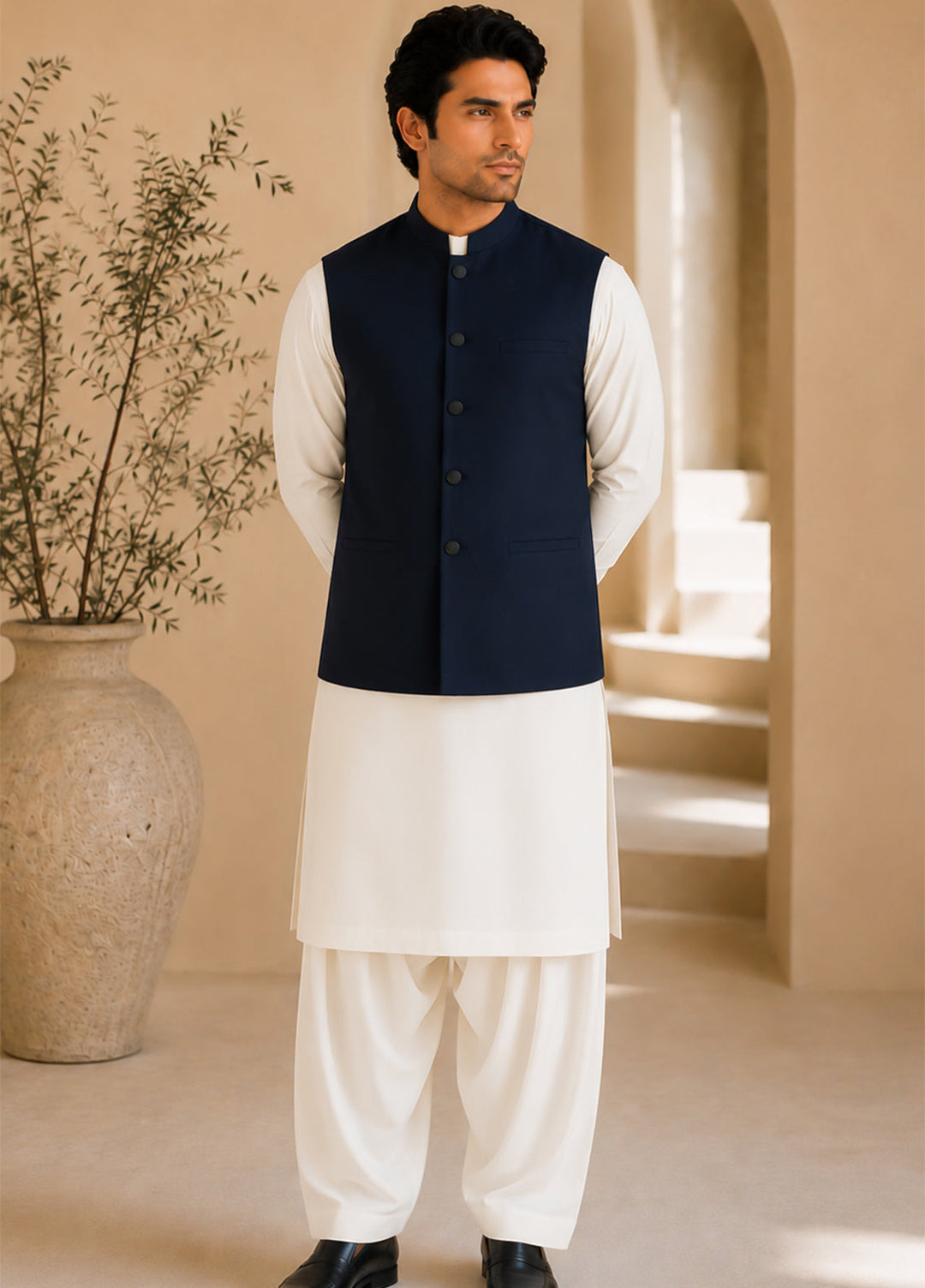 Off White Kurta Shalwar with Navy Blue Waistcoat