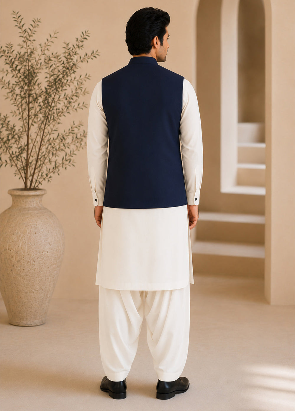 Off White Kurta Shalwar with Navy Blue Waistcoat