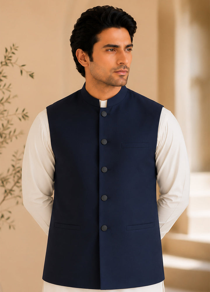 Off White Kurta Shalwar with Navy Blue Waistcoat