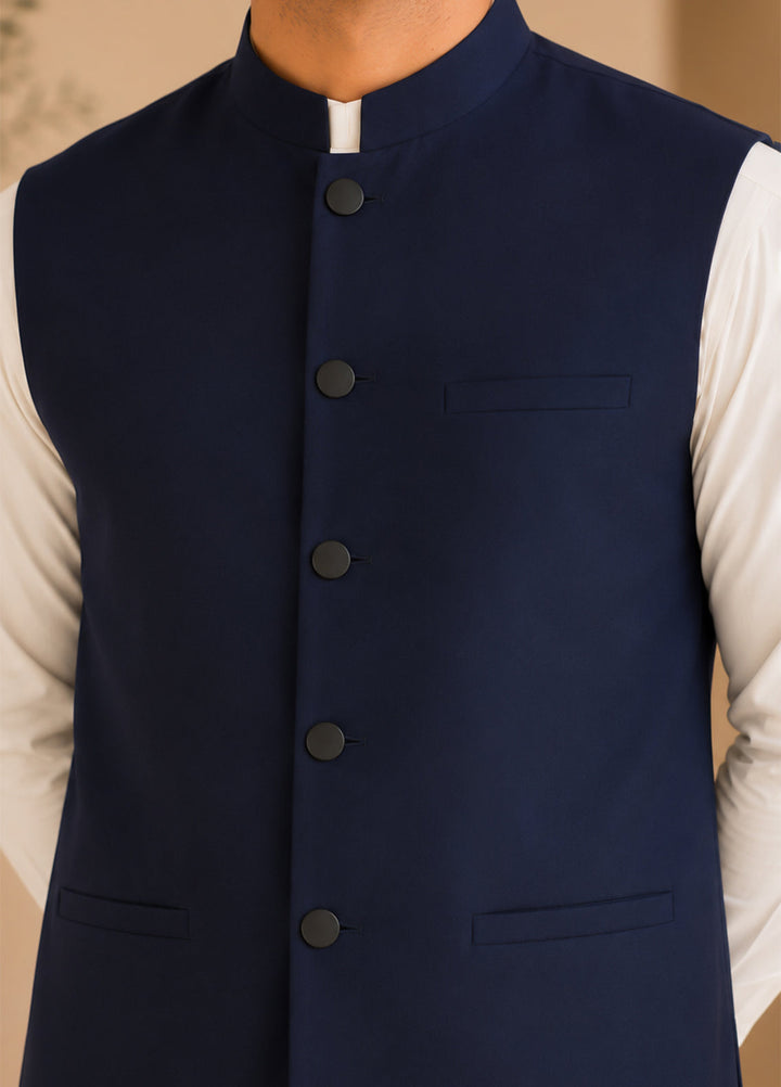 Off White Kurta Shalwar with Navy Blue Waistcoat