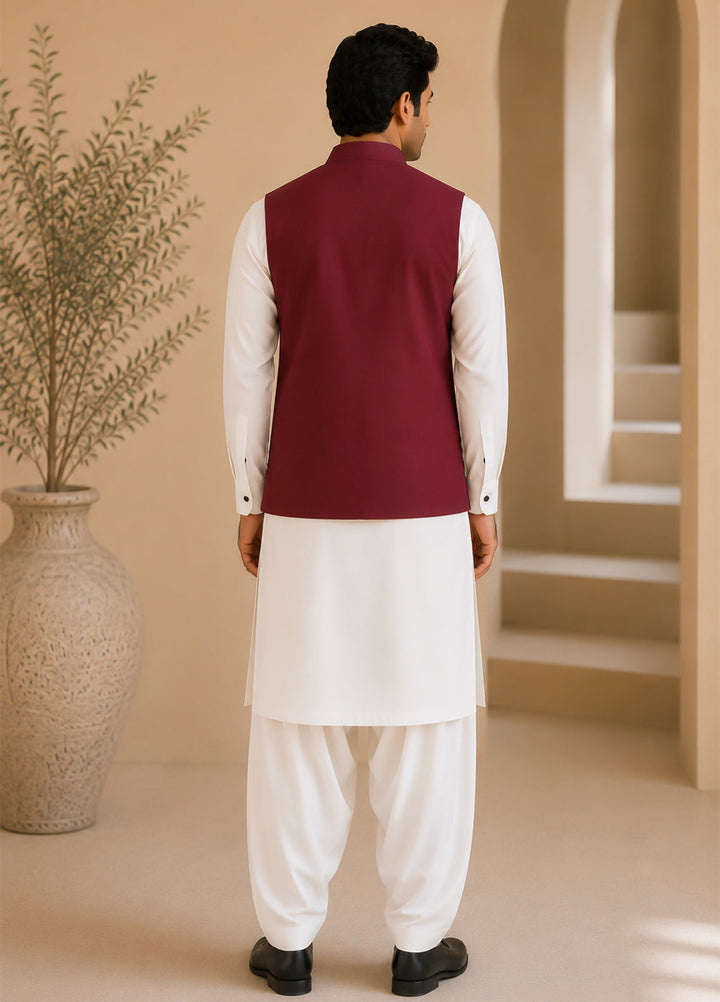 Off White Kurta Shalwar with Maroon Waistcoat