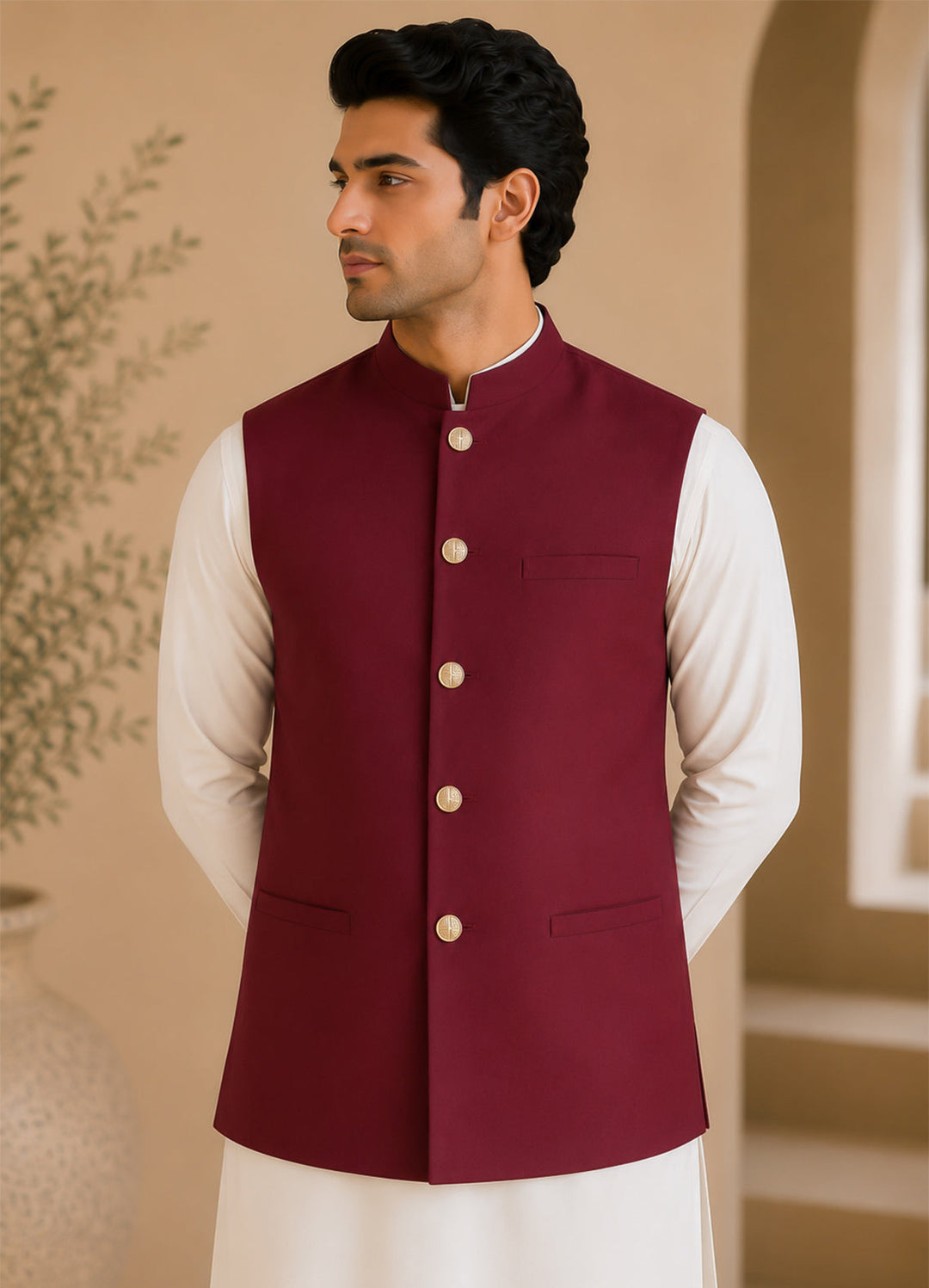 Off White Kurta Shalwar with Maroon Waistcoat