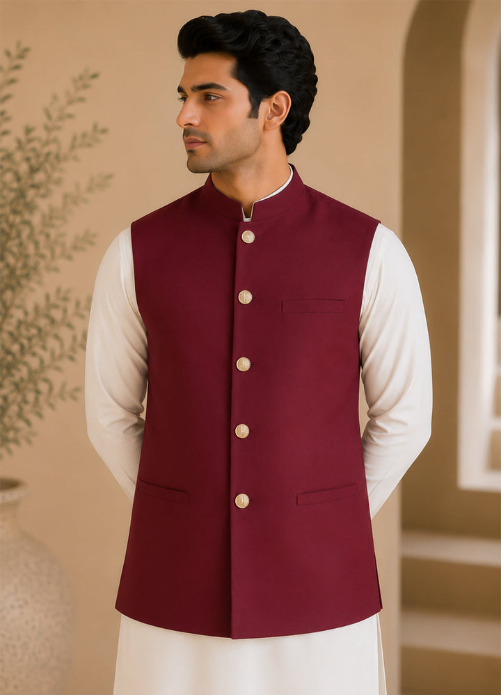 Off White Kurta Shalwar with Maroon Waistcoat
