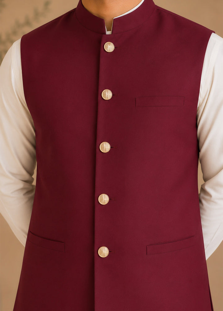 Off White Kurta Shalwar with Maroon Waistcoat