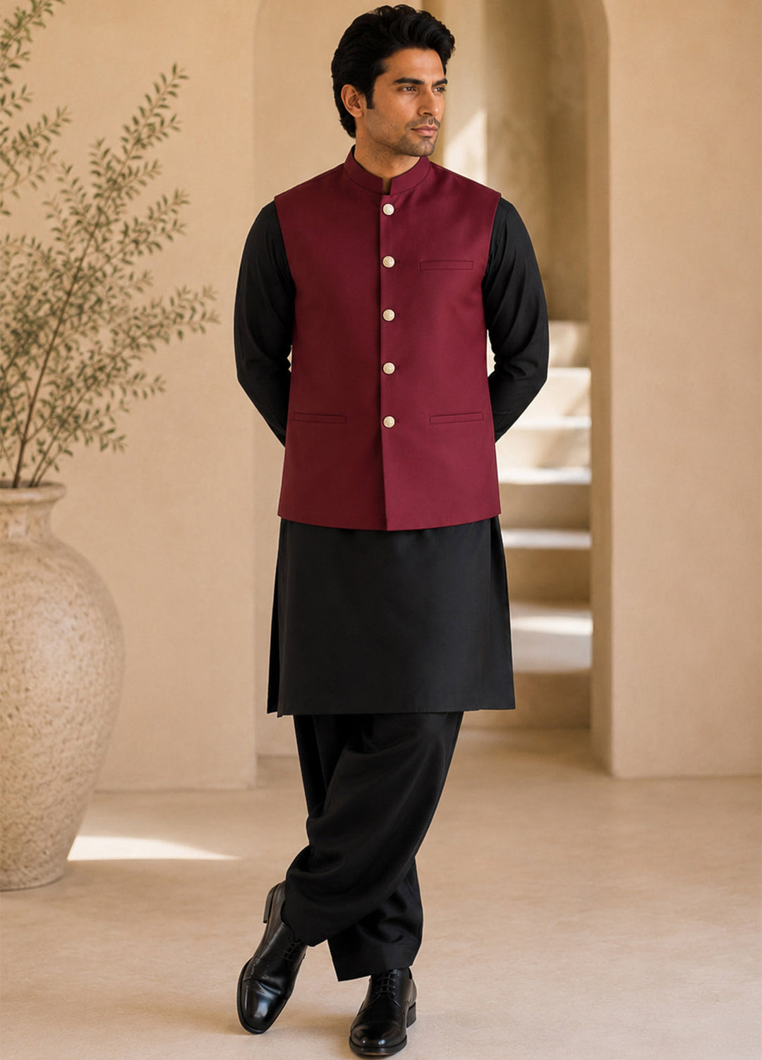 Black Kurta Shalwar with Maroon Waistcoat