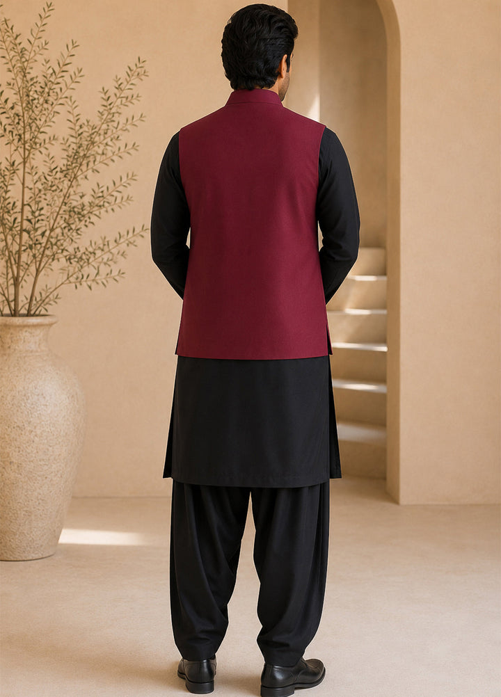 Black Kurta Shalwar with Maroon Waistcoat
