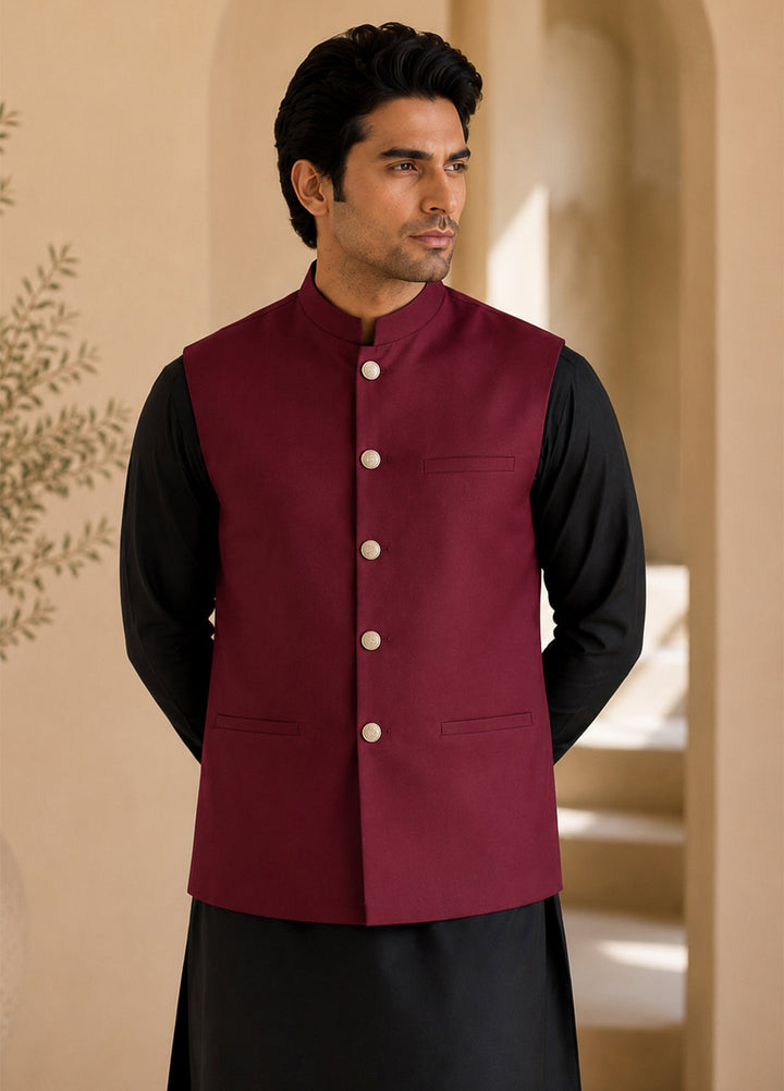 Black Kurta Shalwar with Maroon Waistcoat
