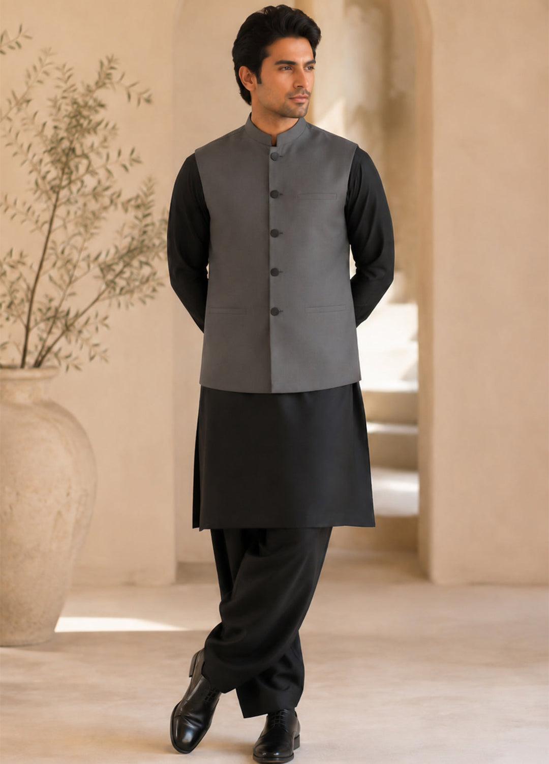 Black Kurta Shalwar with Gray Waistcoat