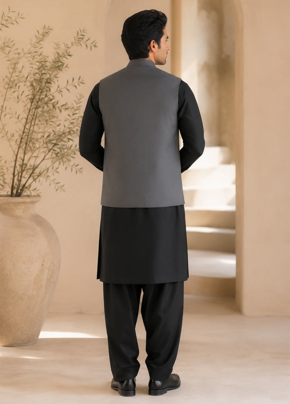 Black Kurta Shalwar with Gray Waistcoat