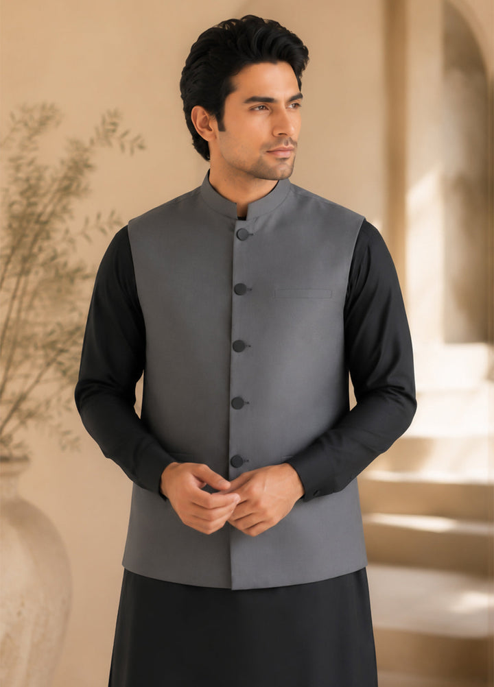Black Kurta Shalwar with Gray Waistcoat