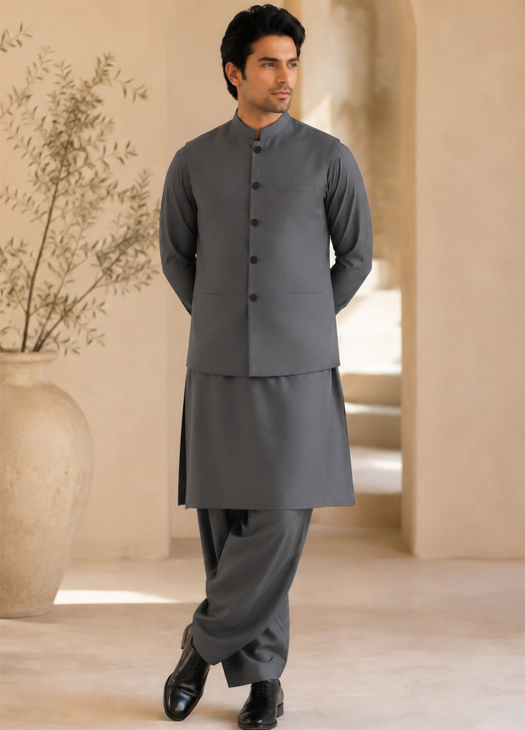 Gray Kurta Shalwar with Waistcoat