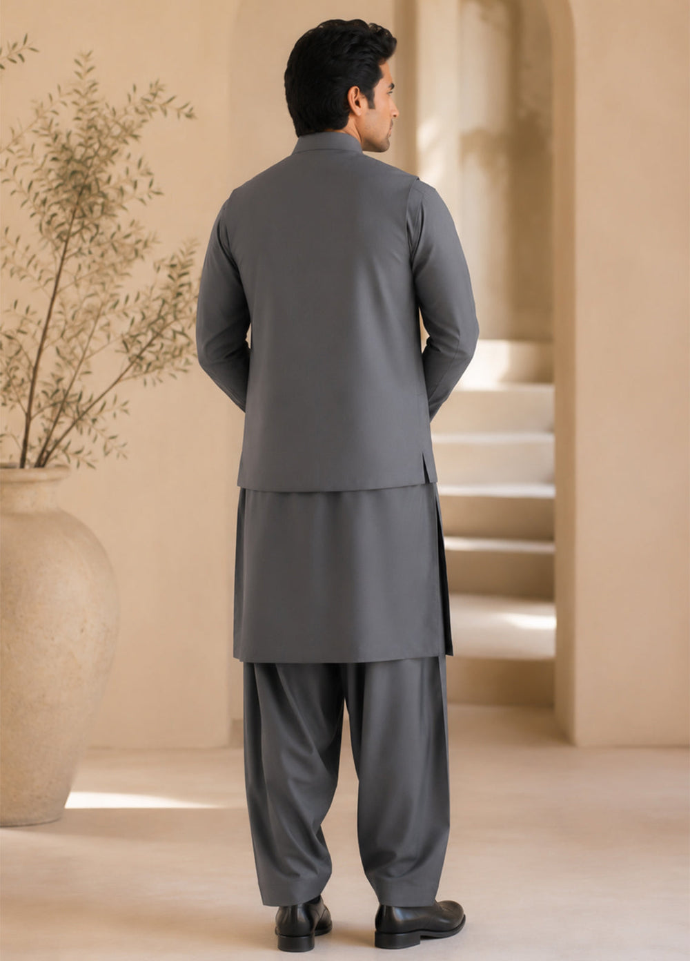 Gray Kurta Shalwar with Waistcoat
