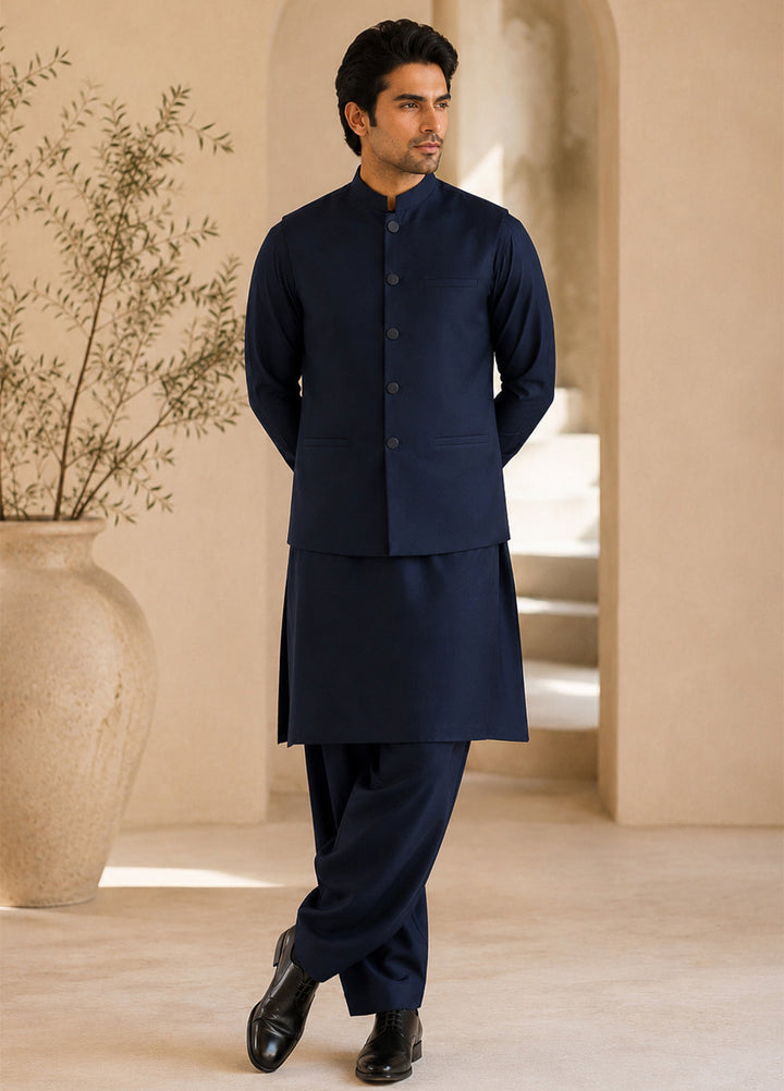 Navy Blue Kurta Shalwar with Waistcoat