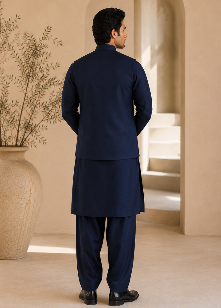Navy Blue Kurta Shalwar with Waistcoat