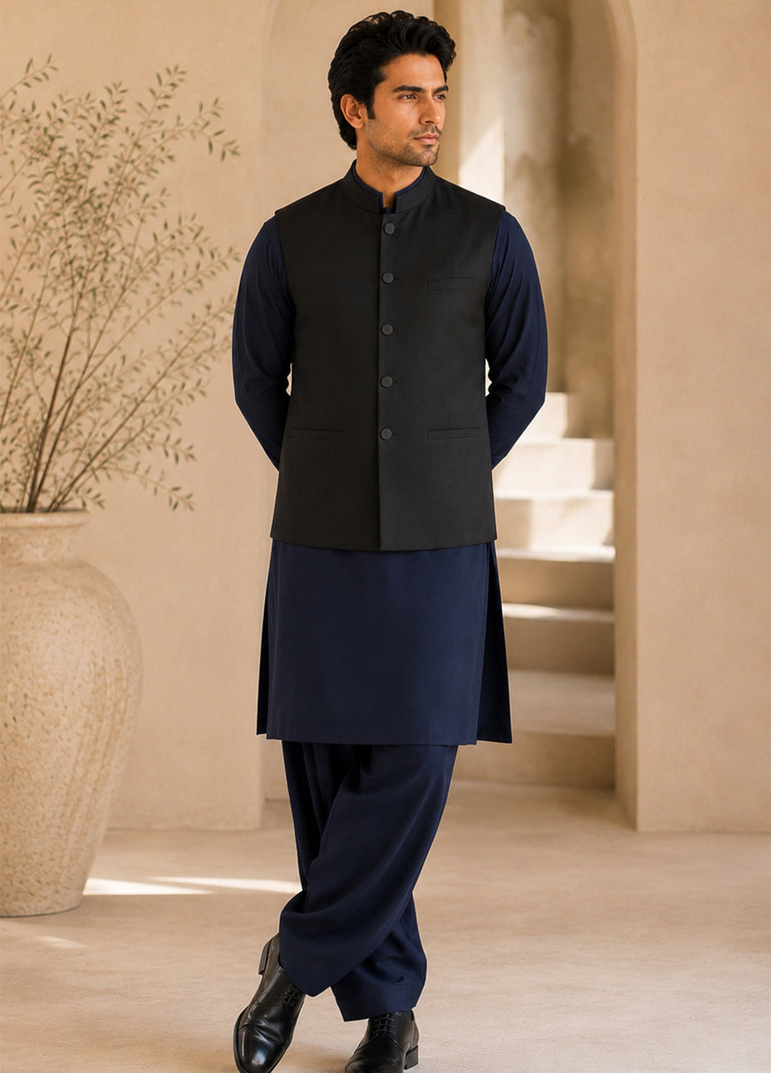 Black Waistcoat with Navy Blue Shalwar Kameez