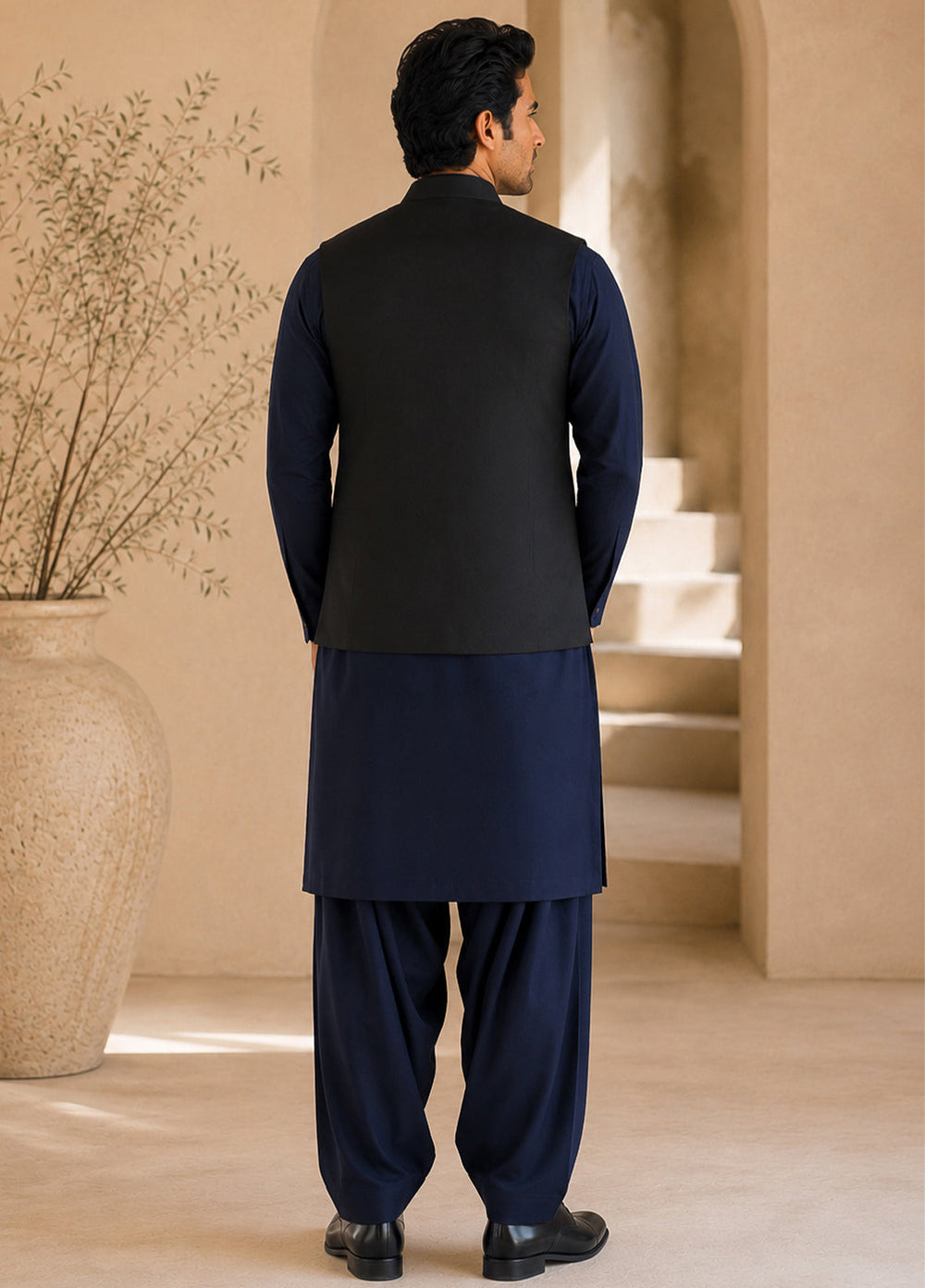 Black Waistcoat with Navy Blue Shalwar Kameez