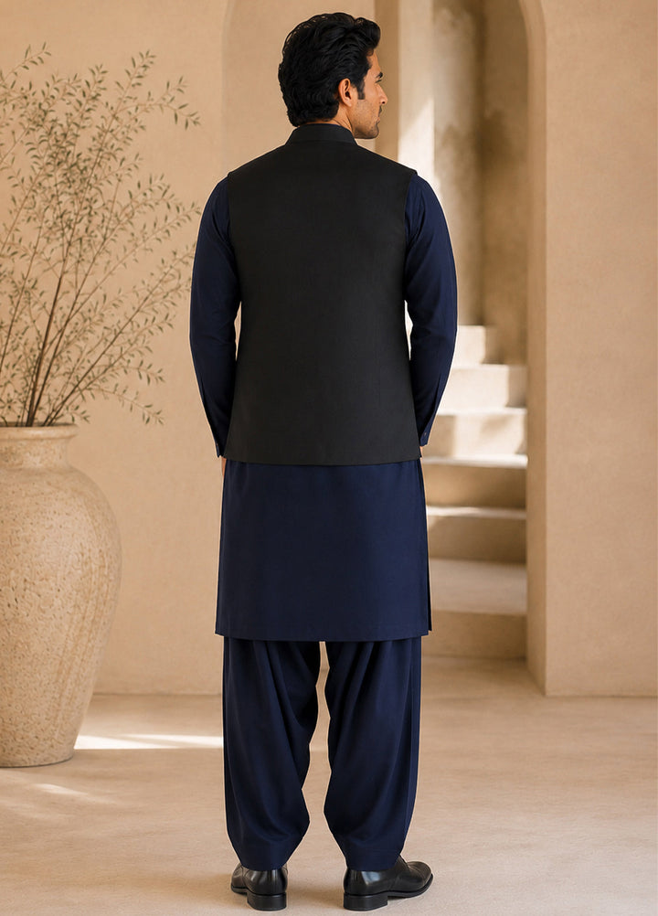 Black Waistcoat with Navy Blue Shalwar Kameez