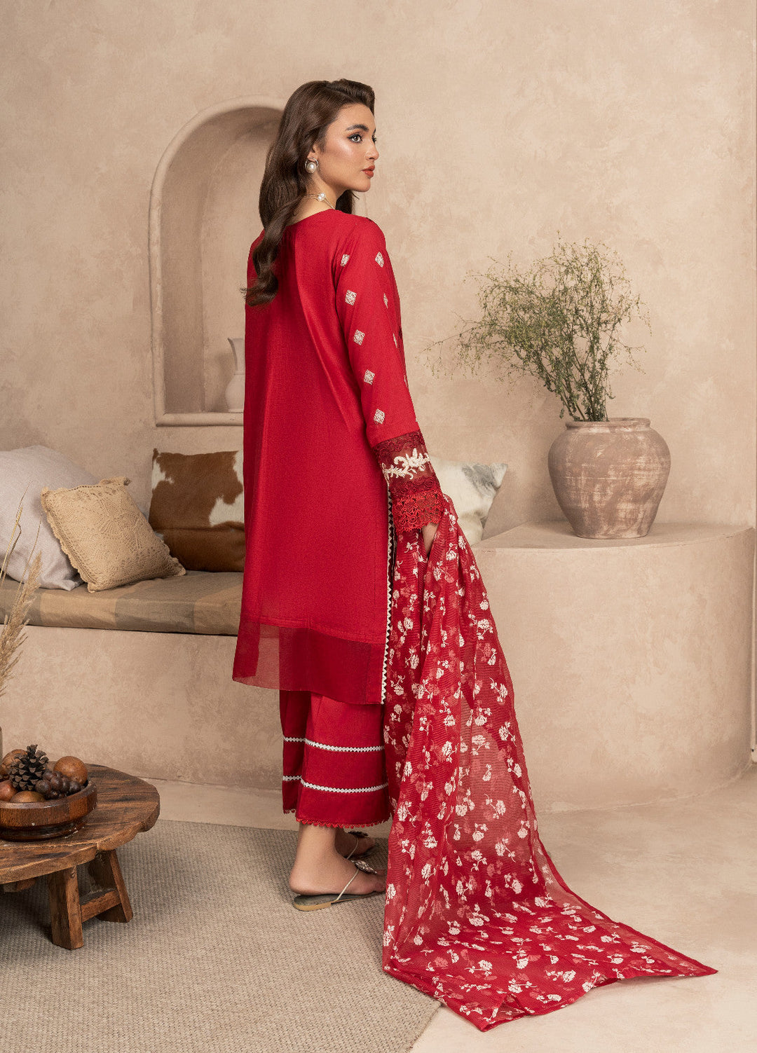 Haniya Mahnoor Pret Embroidered Lawn 3 Piece Suit Scarlet