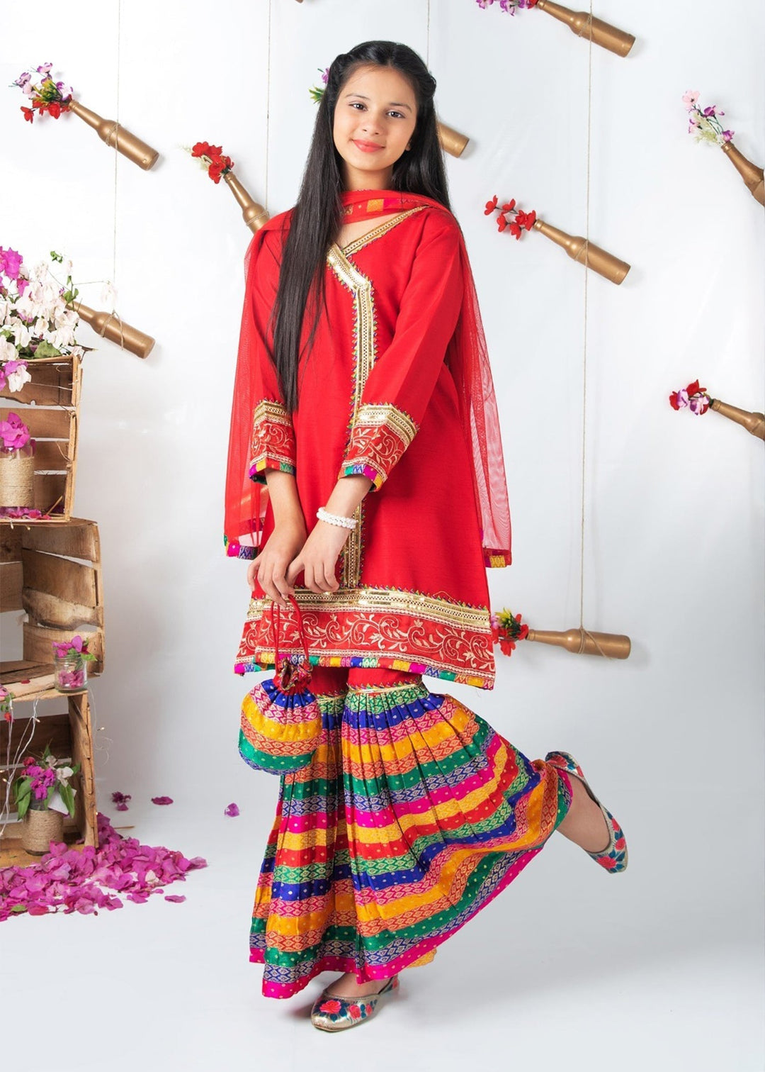 Modest Pret Emblished Raw Silk 3 Piece Suit Mah e Noor Red
