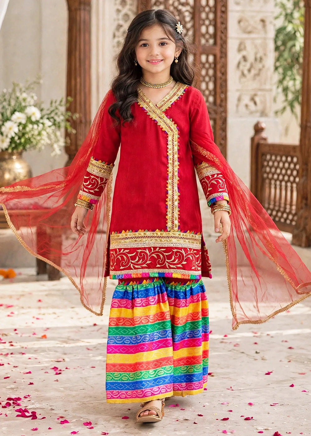 Modest Pret Emblished Raw Silk 3 Piece Suit Mah e Noor Red